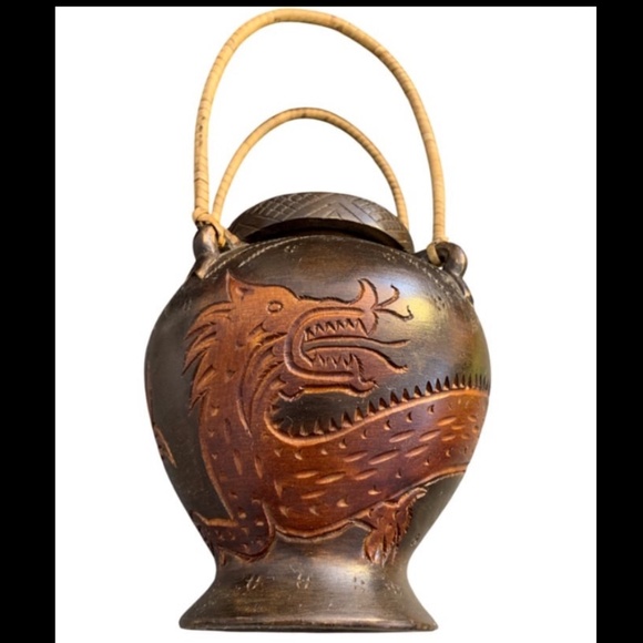 Vintage Asian Wood Vase Hand Carved Dragon Art Decor with Weaved Handles - Picture 1 of 6